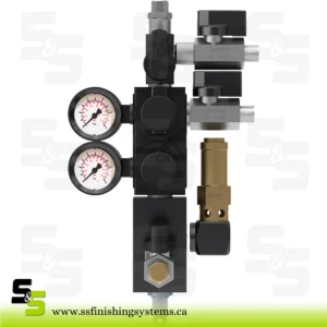 SATA Compressed air inlet fitting with pressure regulator, container connection made of stainless steel, air inlet including tee with ball valve 1/4″
