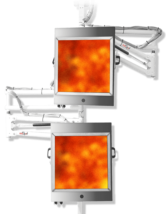 Sun-Spot HT-200 catalytic infrared heater operating, both heads glowing